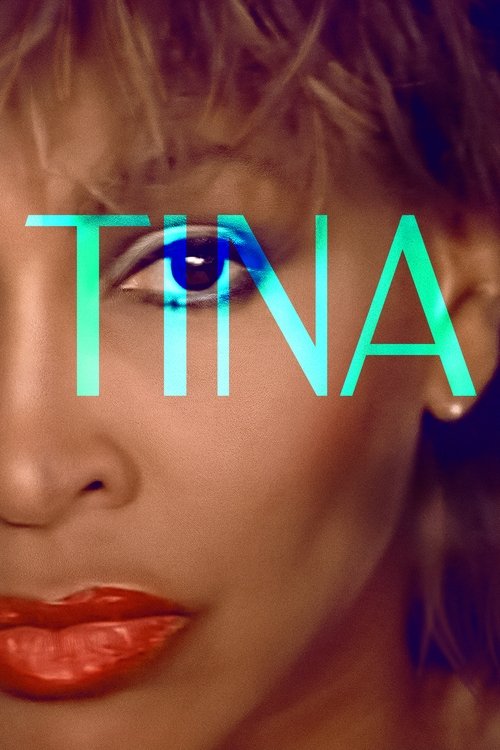 The poster features a close-up of a woman with bold red lips and striking blue eyes, set against a dark background. The word "TINA" is prominently displayed in bold, teal letters, creating a striking contrast. The overall mood is intense and captivating, drawing attention to the bold and powerful...