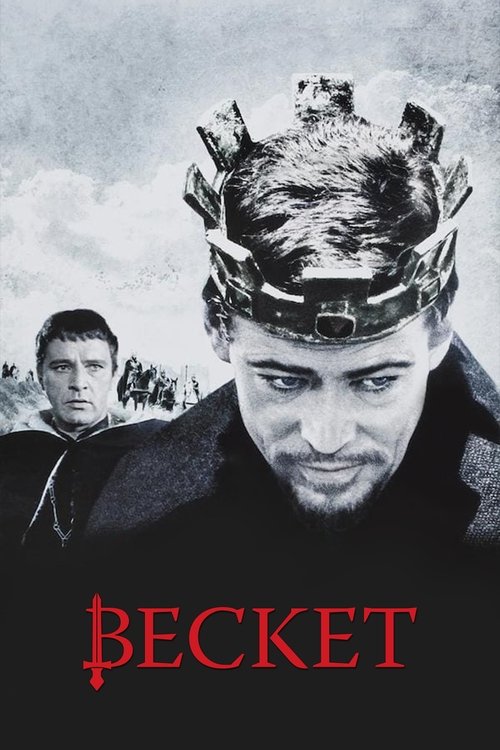The poster features a dramatic black-and-white portrait of a man in a crown, with another figure in the background. The title "Becket" is prominently displayed in bold red letters at the bottom. The overall mood is intense and historical, evoking a sense of drama and intrigue.