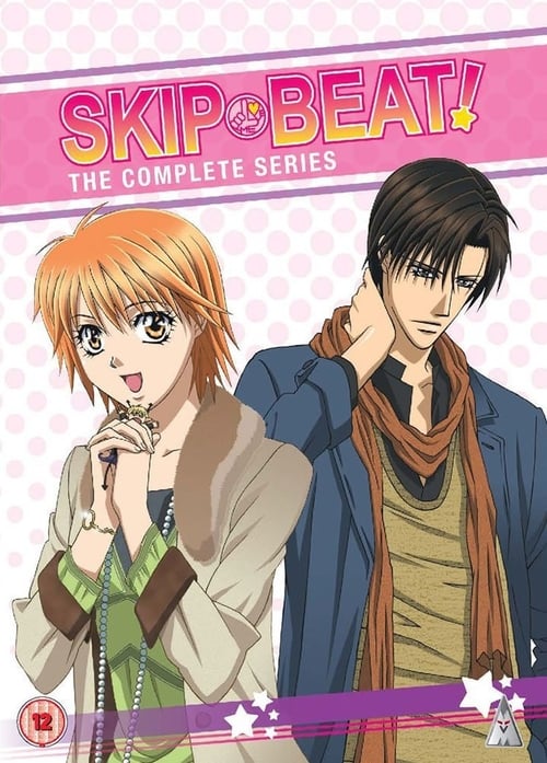 The poster features two anime-style characters against a pink polka-dot background. The male character wears a blue jacket and scarf, while the female character sports an orange outfit with a green top. The title "Skip Beat!" is prominently displayed in bold pink letters, evoking a playful and en...