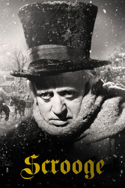 A sepia-toned image features Scrooge McDuck wearing a top hat and fur-lined coat, with a somber expression against a snowy backdrop. The title "Scrooge" glows in gold lettering at the bottom, evoking a mysterious and slightly melancholic atmosphere.