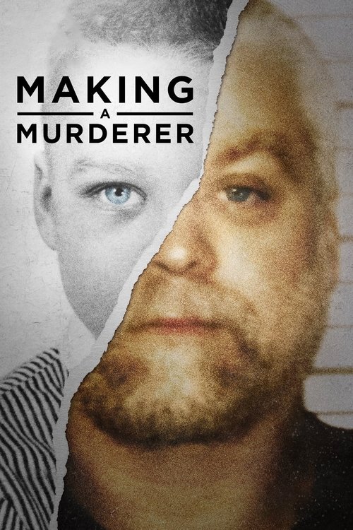 The poster features a split face of two men, one with a serious expression and the other with a more intense gaze. The colors are muted, with earthy tones and shadows that create a somber mood. The title "MAKING A MURDERER" is prominently displayed in bold, white text, emphasizing the gravity of ...