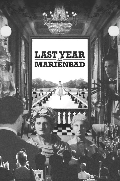 This black-and-white poster captures the glamorous atmosphere of the 1950s, featuring elegantly dressed patrons in a grand hall with ornate chandeliers. The bold text "LAST YEAR AT MARIENBAD" stands out against the backdrop of a classic tennis court, evoking nostalgia and the timeless charm of th...