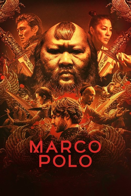 The poster features a dramatic, fiery red and gold color scheme that evokes a sense of adventure and danger. Marco Polo is prominently displayed in the center, surrounded by other characters in dynamic poses, suggesting a thrilling journey. The intense expressions and swirling flames create a moo...