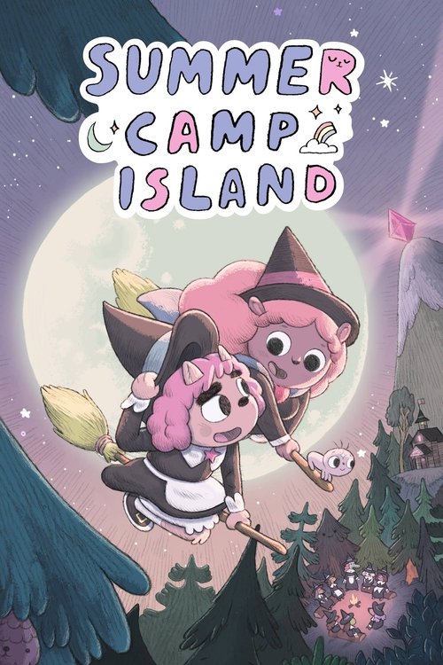 The poster features two animated characters, a girl in a witch's hat and a boy in a cowboy hat, flying together on a broomstick against a bright moonlit sky. The scene is filled with vibrant colors like purples, pinks, and blues, creating a magical and whimsical atmosphere. The title "Summer Camp...