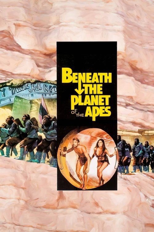 This poster depicts a dystopian scene with a group of apes in a rocky environment, evoking a sense of survival and conflict. The vibrant colors and dramatic composition create an intense atmosphere, reflecting the film's themes of human-animal conflict and survival.