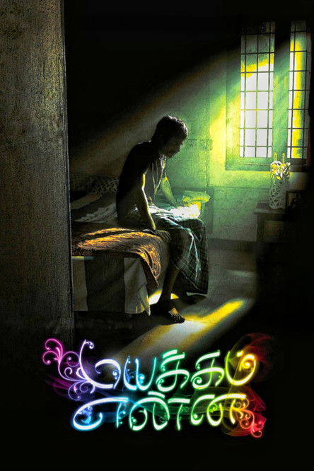 The poster features a solitary figure sitting on a bed in a dimly lit room, bathed in warm sunlight streaming through a stained-glass window. The vibrant, colorful text at the bottom adds a mystical and dreamlike atmosphere, evoking a sense of introspection and spiritual depth.