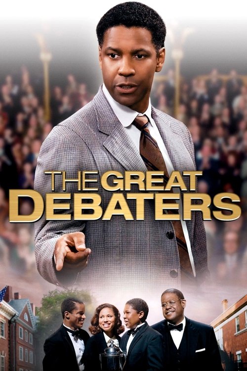 The poster features a central figure in a gray suit, exuding authority, while a crowd of diverse individuals forms a backdrop. The warm golden tones of the title contrast with the cool blues and grays of the background, creating a dramatic and professional atmosphere.