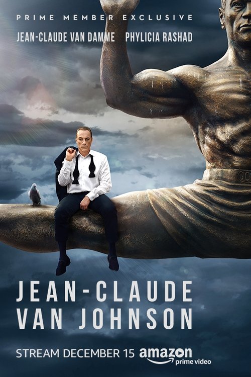 The poster features Jean-Claude Van Johnson sitting on a colossal statue, surrounded by dramatic storm clouds. The muted blues and grays convey a somber, melancholic mood. The title "Jean-Claude Van Johnson" is prominently displayed in bold white text, emphasizing his star power.