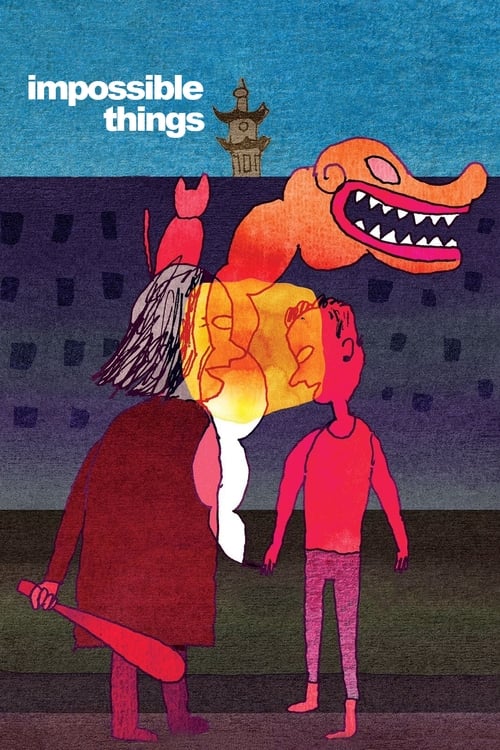 The poster features two children in a surreal, dreamlike setting. One child wears a red robe while the other wears a pink shirt, both looking up at a fantastical creature with glowing eyes and a large, expressive mouth. The background is a dark, starry sky with a mysterious building silhouette. T...