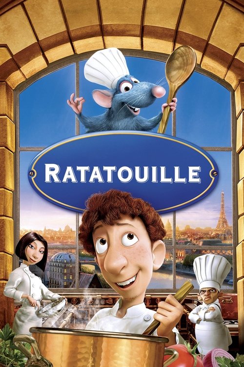 This vibrant movie poster features a cheerful Ratatouille scene with a chef, a mouse, and a woman in the background. The warm golden tones and bright colors create a lively and inviting atmosphere, capturing the essence of a fun culinary adventure.