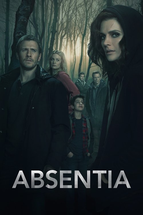 The poster depicts a group of people standing in a dark, misty forest, evoking a sense of mystery and unease. The muted colors and shadowy figures create an atmospheric mood, suggesting themes of isolation and supernatural intrigue.