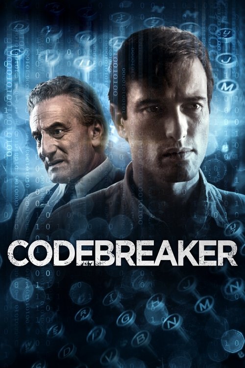 The poster features two men in a cyberpunk setting, with one looking intense and the other more contemplative. The dark blue background with glowing code and symbols creates a mysterious and futuristic atmosphere. The title "CODEBREAKER" is prominently displayed in bold white letters, emphasizing...