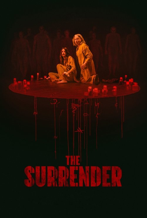 The poster features two figures seated on a circular platform surrounded by candles, with a dark, ominous atmosphere. The title "THE SURRENDER" is prominently displayed in bold red letters at the bottom, suggesting themes of sacrifice and tragedy.