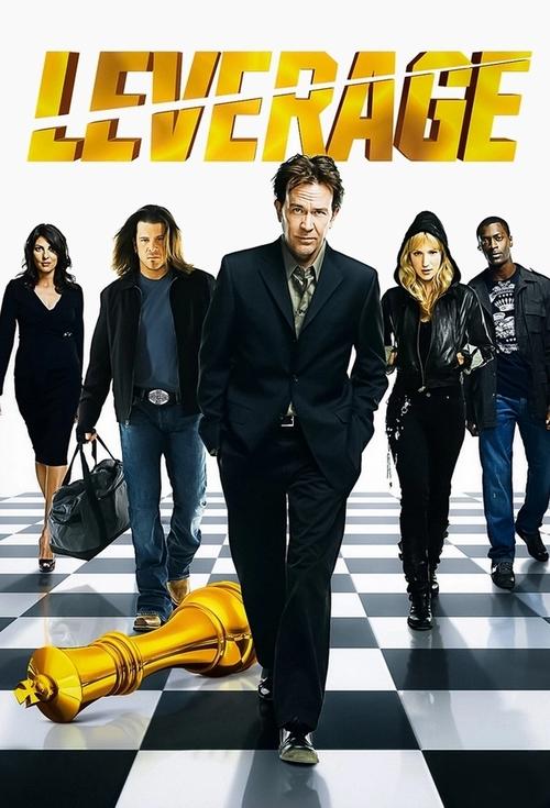 The poster features a man in a dark suit walking confidently on a black-and-white checkered floor, surrounded by five other characters in casual attire. The title "LEVERAGE" is prominently displayed in bold, golden-yellow letters at the top. The mood suggests a dramatic, action-oriented show with...
