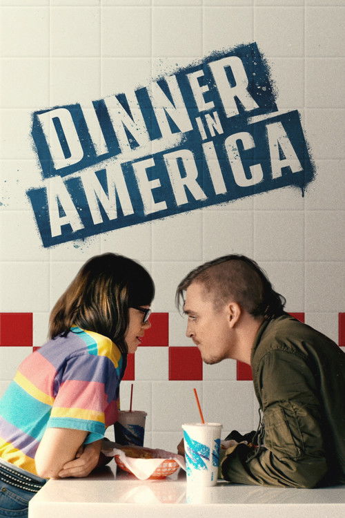 The poster features a couple sitting at a diner table, with the title "Dinner in America" prominently displayed in bold, distressed blue letters against a white tiled wall. The warm, inviting colors of their colorful striped shirt and olive green jacket create a cozy, nostalgic atmosphere, evokin...