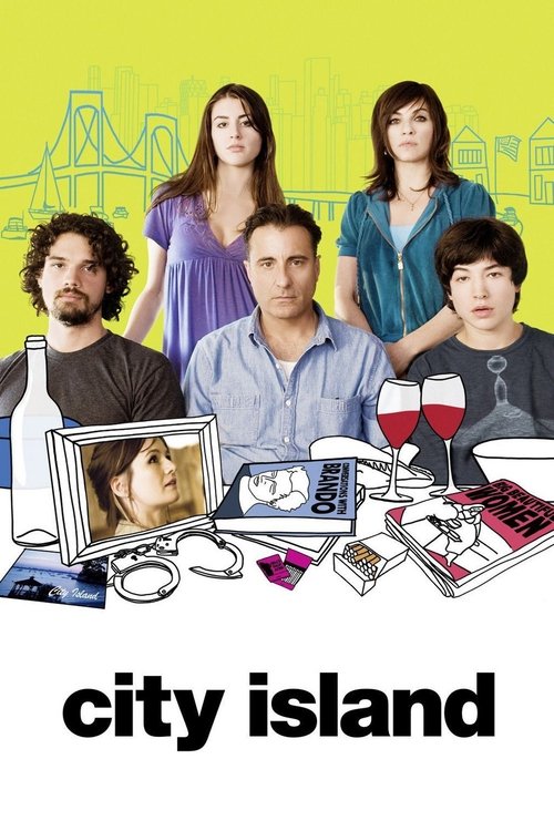 The poster features five characters against a vibrant yellow background, with a faint city skyline in the distance. The mood is casual and relaxed, capturing the essence of a small-town comedy. The characters are dressed casually, and the overall composition suggests a friendly, approachable grou...