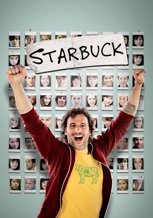 A man in a red hoodie and yellow shirt celebrates with his arms raised, holding up a large "STARBUCK" sign. The background features rows of small photos, suggesting a collage or display. The vibrant colors and energetic pose convey excitement and pride.