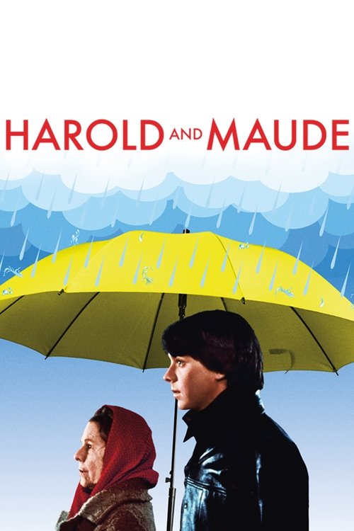 The poster features Harold and Maude in a romantic embrace under a bright yellow umbrella against a backdrop of blue mountains. The warm colors evoke a nostalgic, romantic mood, capturing the essence of their classic love story.