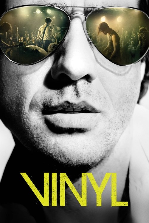 The poster features a close-up of a man wearing sunglasses, with reflections of people in the lenses. The mood is mysterious and intriguing, suggesting a story about memory and identity. The bold yellow text "VINYL" anchors the image, emphasizing the theme of vinyl records and nostalgia.