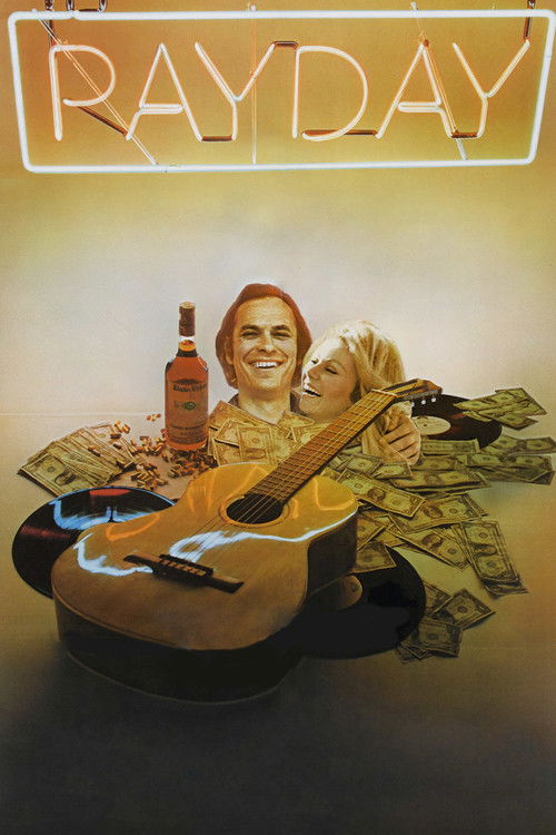 A glamorous woman with red hair and a guitar smiles while holding a bottle of whiskey. A young girl in a yellow dress sits beside her, surrounded by money. The poster features a neon sign reading "PAYDAY" at the top, evoking a noir aesthetic.