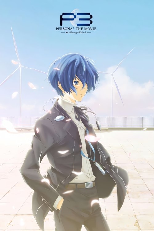 The poster features a striking anime-style character with vibrant blue hair and a confident pose, exuding mystery and allure. The background showcases a serene winter scene with wind turbines and a clear sky, hinting at the film's themes of rebirth and renewal. The overall composition blends fant...
