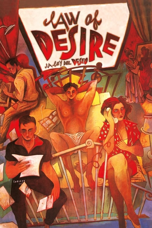 This vibrant poster depicts a dramatic scene with a muscular man in the center, surrounded by other characters in period costumes. The warm reds and golds create an intense, passionate atmosphere, while the bold title "Law of Desire" sets a bold tone.