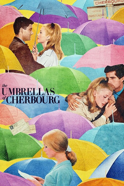 This vibrant poster captures the whimsical charm of "The Umbrellas of Cherbourg," featuring a group of characters under colorful umbrellas in a joyful, dreamlike atmosphere. The warm tones and playful composition evoke a sense of nostalgia and happiness, perfectly encapsulating the film's lighthe...