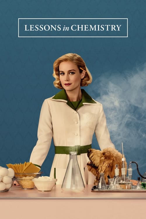 The poster features a woman in a vintage-style white lab coat with green accents, standing behind a counter filled with chemistry-related items like test tubes, beakers, and scientific equipment. The background is a soft blue with wispy smoke effects, suggesting a laboratory setting. The title "L...