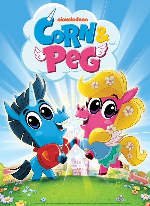 The poster features two animated characters, a blue dragon and a pink pig, set against a bright blue sky with sun rays. The vibrant colors and cheerful expressions convey a playful and friendly mood, suggesting a fun and adventurous story for children.