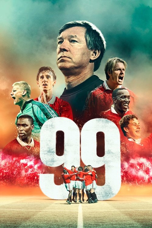 The poster features a central figure in a red jersey with the number 99 prominently displayed, surrounded by smaller images of football players in various poses. The background is a vibrant mix of green and red hues, creating an energetic atmosphere. The overall mood suggests a dynamic sports dra...