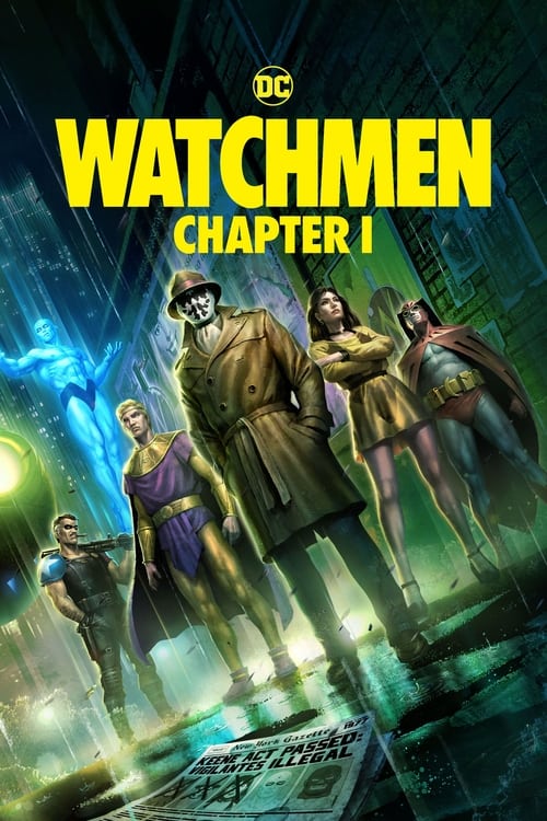 The poster features four Watchmen characters standing against a dark, neon-lit cityscape. The characters are dressed in their iconic costumes, with one prominently in the center wearing a trench coat. The colors are predominantly dark blues, greens, and yellows, creating a mysterious and dramatic...