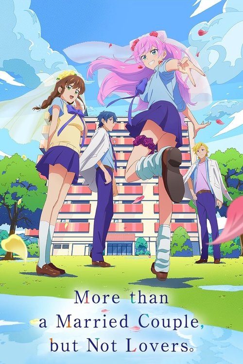The poster features a vibrant anime-style scene with four characters standing on a grassy field under a bright blue sky. The mood is cheerful and nostalgic, with warm colors like reds, blues, and greens. The title text at the bottom reads "More than a Married Couple, but Not Lovers," emphasizing ...