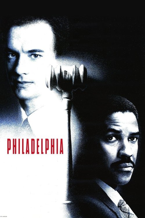 The poster features a dark, moody atmosphere with two men in formal attire, one in the foreground and another in the background. The title "PHILADELPHIA" is prominently displayed in bold red letters, evoking a sense of mystery and intrigue. The overall composition suggests a dramatic and suspense...