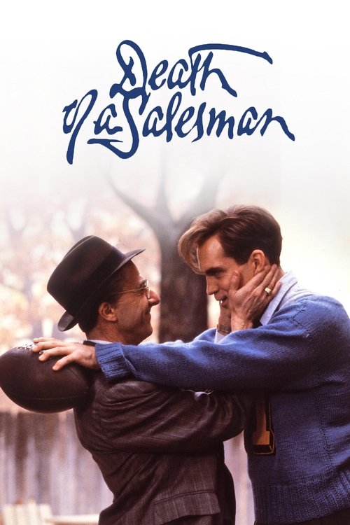 The poster features a dramatic scene with two men embracing, one in a hat and the other in a blue suit, set against a soft, blurred background. The title "Death of a Salesman" is elegantly written in blue script at the top. The mood is romantic yet poignant, capturing the emotional depth of the f...