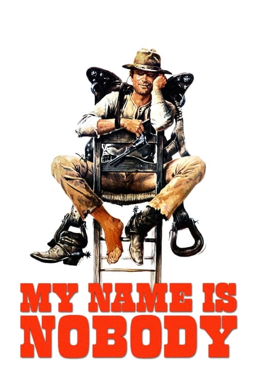 The poster features a rugged man in a wheelchair, surrounded by heavy-duty chains, evoking themes of imprisonment and freedom. The bold red text "MY NAME IS NOBODY" dominates the bottom, creating a stark contrast against the muted tones of the image. The overall mood is gritty and dramatic, captu...