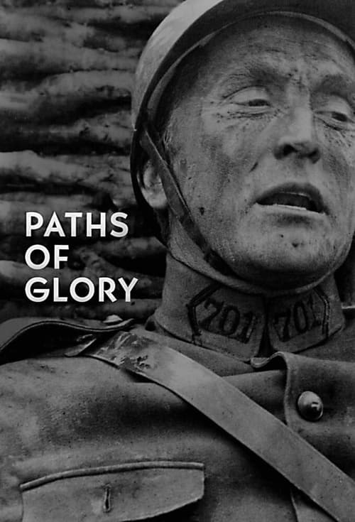 The poster features a somber, close-up portrait of a soldier in a military uniform, with a dark, gritty texture suggesting war. The muted tones and shadowed expression convey a melancholic, reflective mood. The title "Paths of Glory" is prominently displayed in bold, white text, emphasizing the f...