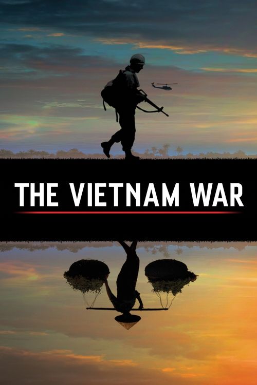 A lone soldier stands silhouetted against a dramatic sunset, holding a rifle, with a reflection of themselves mirrored below. The image evokes a somber, reflective mood, capturing the gravity of the Vietnam War through stark contrast between the dark figure and the warm, golden hues of the sky.