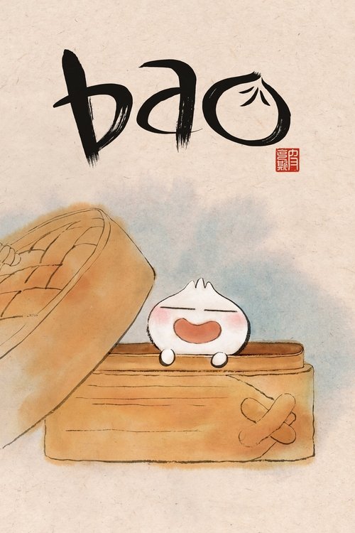The poster features a whimsical illustration of a small white dumpling character sitting on a wooden crate, with a steaming bun beside it. The bold black title "Bao" dominates the top, accompanied by a red seal. The soft pastel background and gentle expressions convey a warm, nostalgic, and playf...