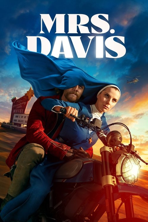 The poster features a man and woman riding motorcycles against a dramatic sunset backdrop. The woman wears a blue dress while the man sports a red coat, both exuding a sense of adventure and camaraderie. The title "Mrs. Davis" is prominently displayed in bold white letters, capturing the essence ...