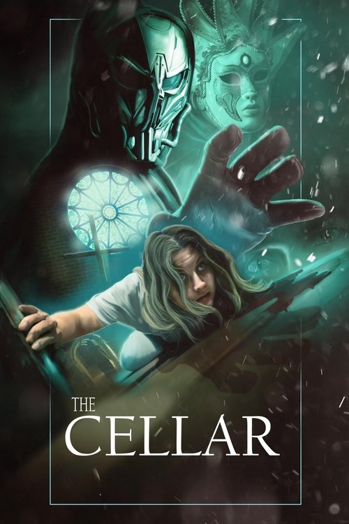 The poster features a young girl in a white shirt and a menacing, skeletal figure looming behind her. The scene is bathed in eerie green and blue hues, creating a mysterious and suspenseful atmosphere. The title "The Cellar" is prominently displayed at the bottom, hinting at a dark and thrilling ...