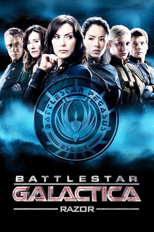 The poster features a group of six characters in futuristic armor against a dramatic blue backdrop, exuding mystery and power. The central character's intense gaze and the glowing emblem suggest a high-stakes action scene. The title "Battlestar Galactica: Razor" is prominently displayed, hinting ...