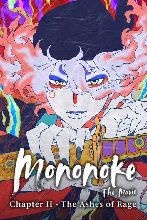 The poster features a striking anime-style character with white hair, blue eyes, and a red nose, surrounded by swirling flames. The character wears a white outfit with gold accents, exuding an ethereal yet fierce aura. The vibrant colors of orange, red, and purple create a dynamic and intense atm...