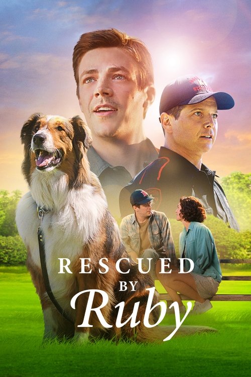 The poster features a man in a blue shirt, a woman in a green dress, and a dog in a brown coat, all set against a vibrant sunset. The title "Rescued by Ruby" is prominently displayed in elegant script. The mood is warm and hopeful, suggesting a heartwarming story about friendship and rescue.