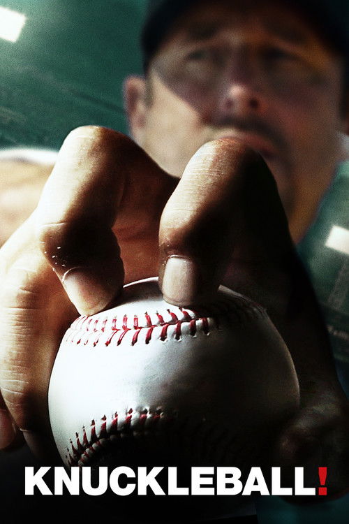 The poster features a close-up of a baseball player holding a knuckleball, with a blurred background suggesting a stadium setting. The dark, moody lighting and gritty textures evoke a sense of intensity and realism. The bold, white text "KNUCKLEBALL!" stands out against the dark backdrop, emphasi...