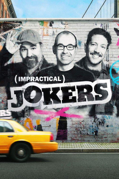 The poster features three men in black shirts with bold white text reading "IMPRACTICAL JOKERS." The vibrant yellow taxi adds a dynamic urban touch, while the graffiti-covered brick wall behind them suggests a gritty, street-level comedy vibe. The mood is humorous and energetic, capturing the ess...