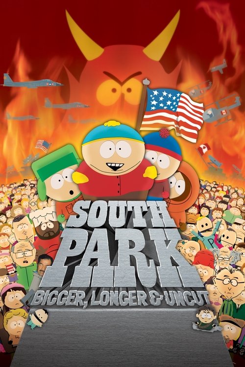 This movie poster for "South Park: Bigger, Longer & Uncut" features a fiery, chaotic scene with South Park characters surrounded by a crowd of diverse people. The vibrant colors of red, orange, and yellow evoke a sense of urgency and danger, while the American flag adds a patriotic touch. The ove...