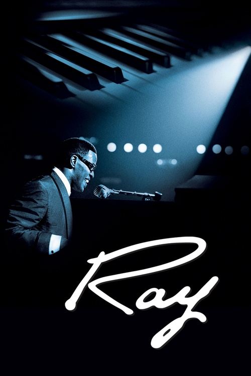 The poster features a man in a suit playing a piano under dramatic blue lighting, with the name "Ray" elegantly written in white script at the bottom. The dark, moody atmosphere evokes a sense of mystery and artistic intensity.