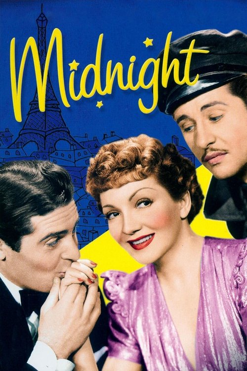 The poster features a glamorous woman in a purple dress, a handsome man in a suit, and a man in a hat, all set against a blue background with the title "Midnight" in yellow. The mood is romantic and mysterious.