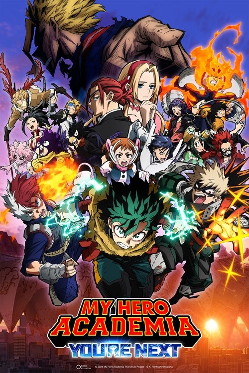 This vibrant poster showcases a dynamic scene from "My Hero Academia: You're Next," featuring iconic characters like Deku and Izuku Midoriya in action poses. The fiery orange and blue hues create an energetic atmosphere, while the bold red and gold text emphasizes the movie's title. The compositi...