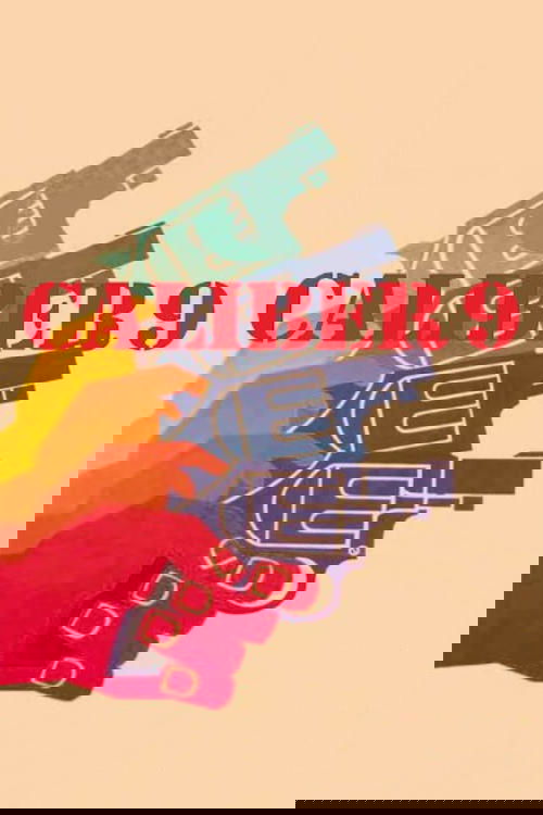 A group of people in colorful clothing stand behind a silhouette of a gun, with the title "CALIBER 9" prominently displayed in bold red letters. The vibrant colors and dynamic pose evoke a sense of action and rebellion.